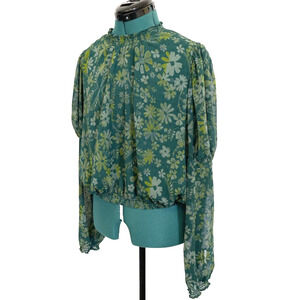 Free People Green Floral Clarissa‎ Juliet Sleeve Cropped Sheer Blouse Large
